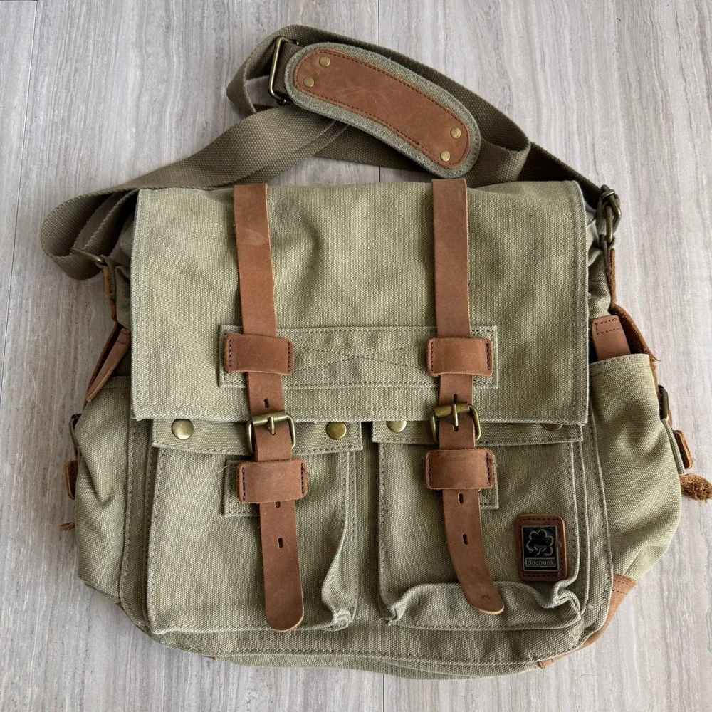 Sechunk Messenger Bag Olive Green Canvas Leather Trim Vintage Military Travel